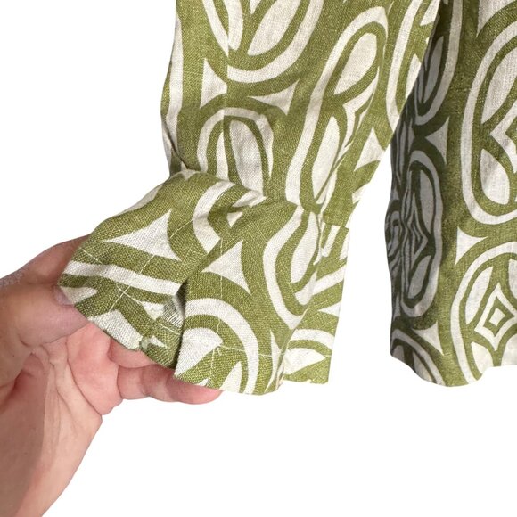 Linen Shirt 12 Green White Geometric Print Button-Up By JM Collection - Picture 4 of 9